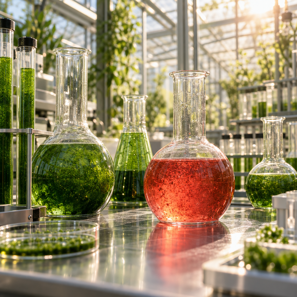 Green microalgae flasks with one turning coral red