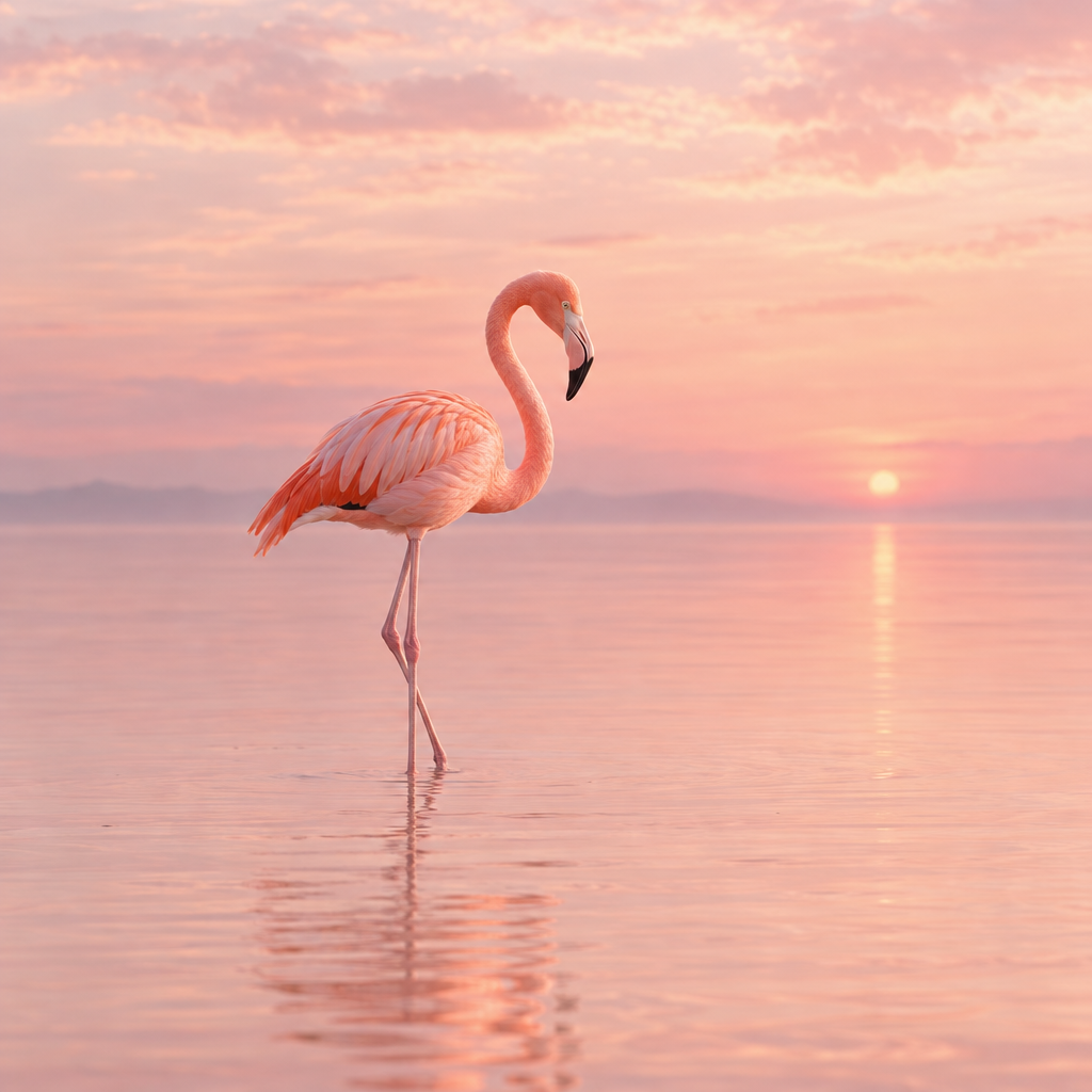 Pink flamingo standing in pale pink water at sunset