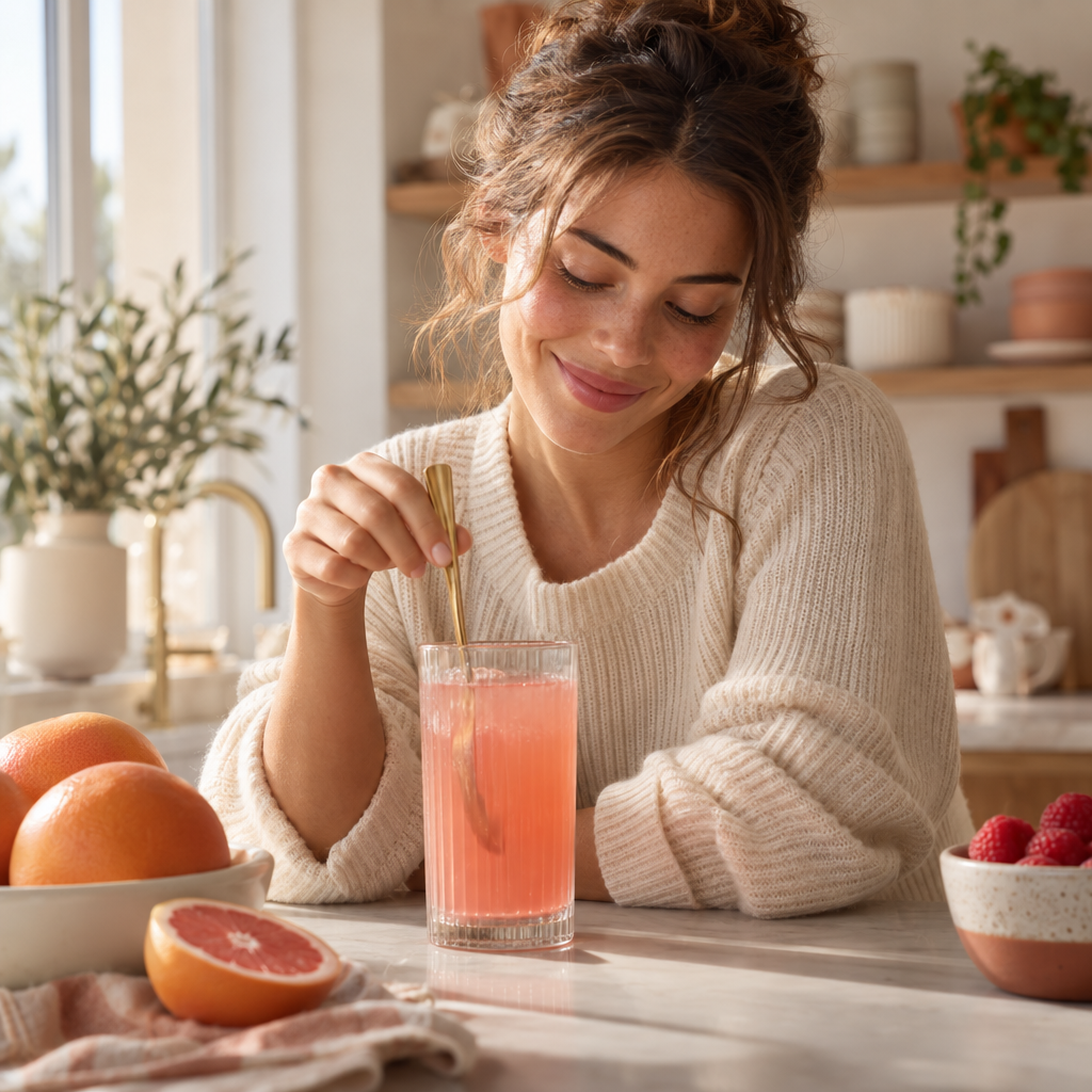 Woman stirring pink astax drink in bright kitchen