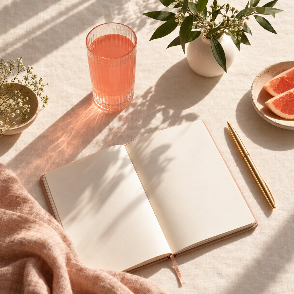 Morning ritual flat lay with pink astax drink