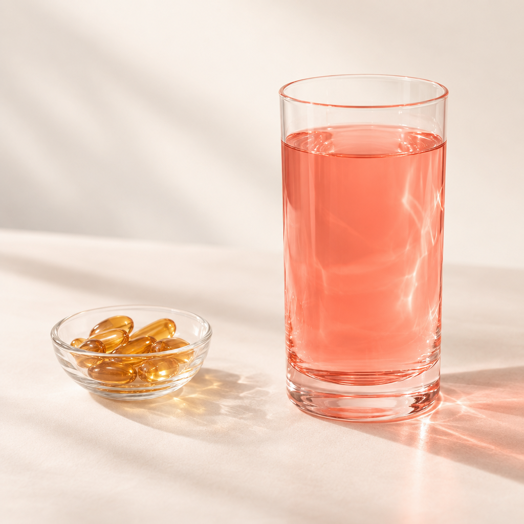 Astax pink drink next to softgel capsules