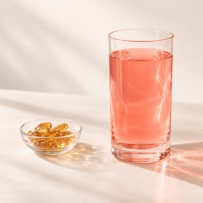 Astax pink drink next to softgel capsules