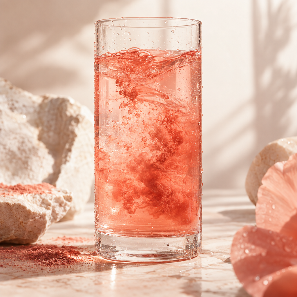 Glass of coral pink astaxanthin drink with powder blooming in water